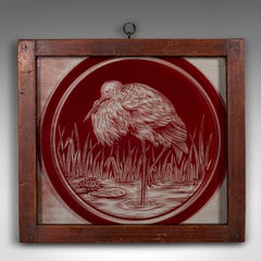 Vintage Hanging Window Panel, Japanese, Etched Glass, Framed, Art Deco, C.1940