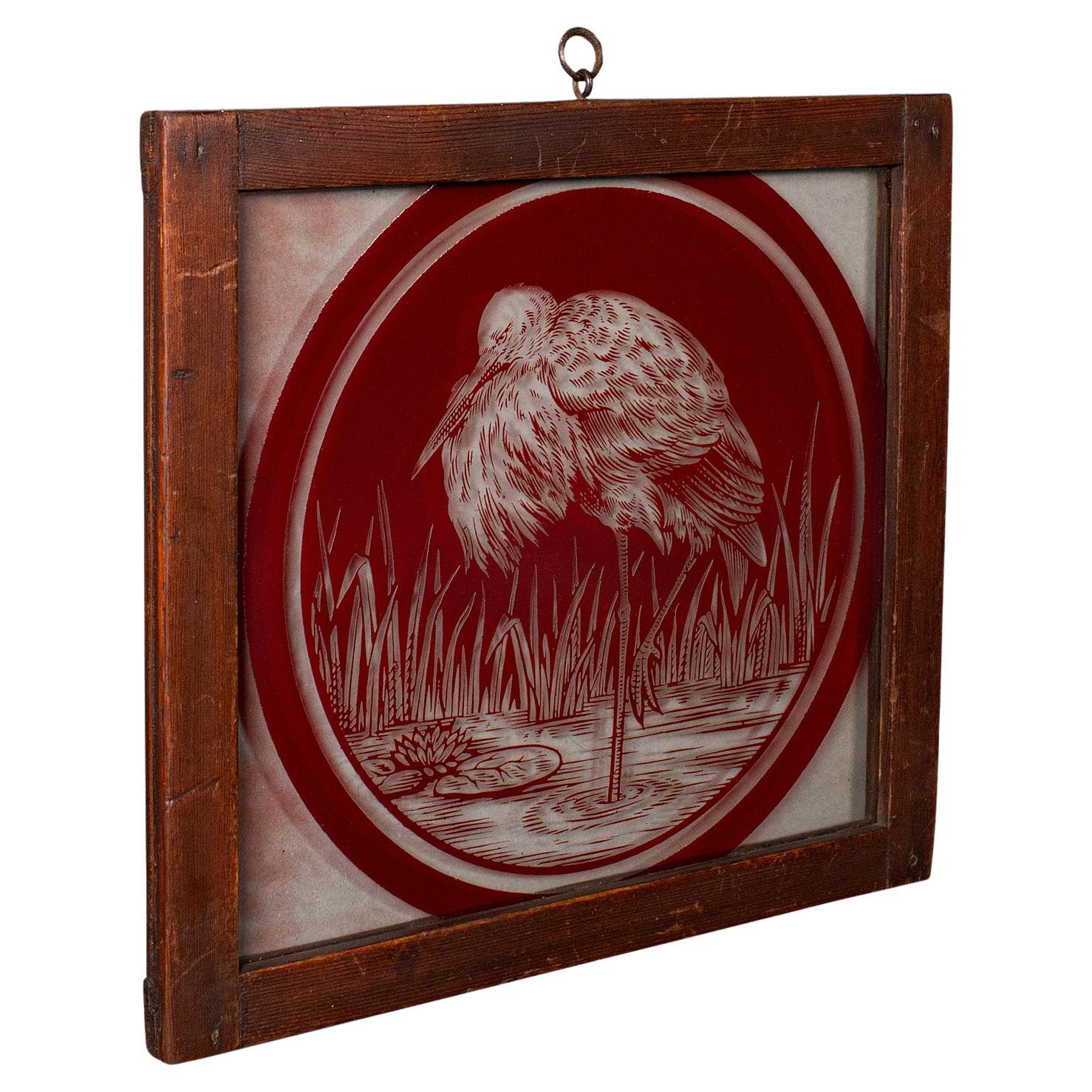 Panel de ventana colgante vintage, japonés, cristal grabado, enmarcado, art déco, c.1940
