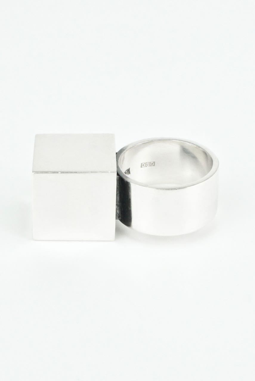 Square Cut Vintage Hans Hansen Modernist Sterling Silver Rock Crystal Box Ring Danish 1970s For Sale