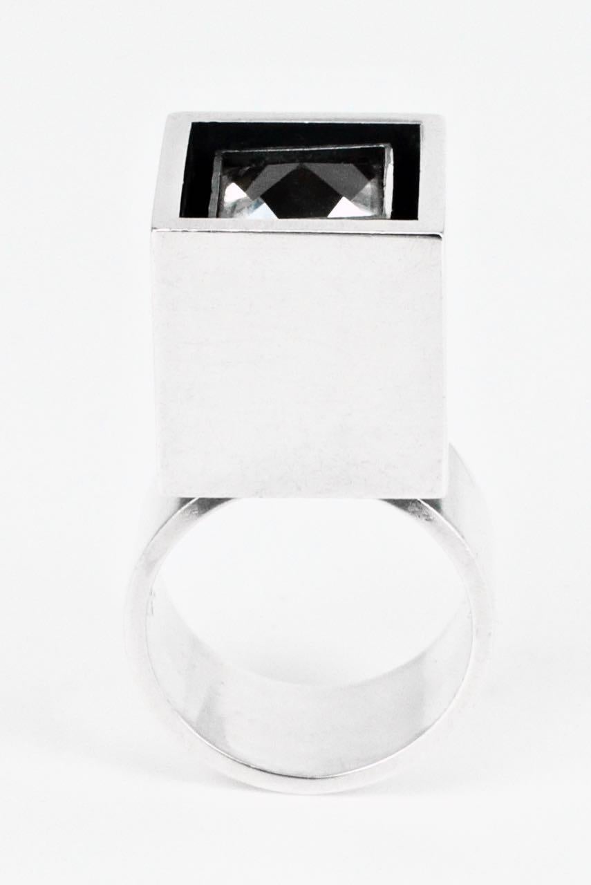 Women's or Men's Vintage Hans Hansen Modernist Sterling Silver Rock Crystal Box Ring Danish 1970s For Sale