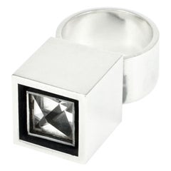 Vintage Hans Hansen Modernist Sterling Silver Rock Crystal Box Ring Danish 1970s