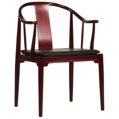 Vintage Hans J. Wegner Mahogany China Chair FH 4283 with Black Leather Cushion