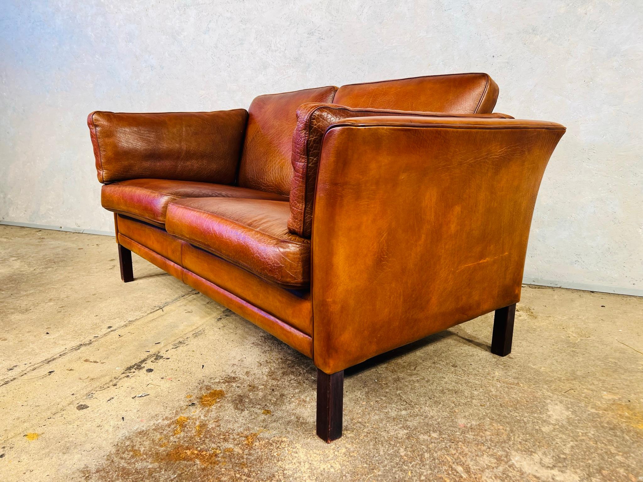20th Century Vintage Hans Mogensen 70s Patinated Tan Two Seater Leather Sofa #00