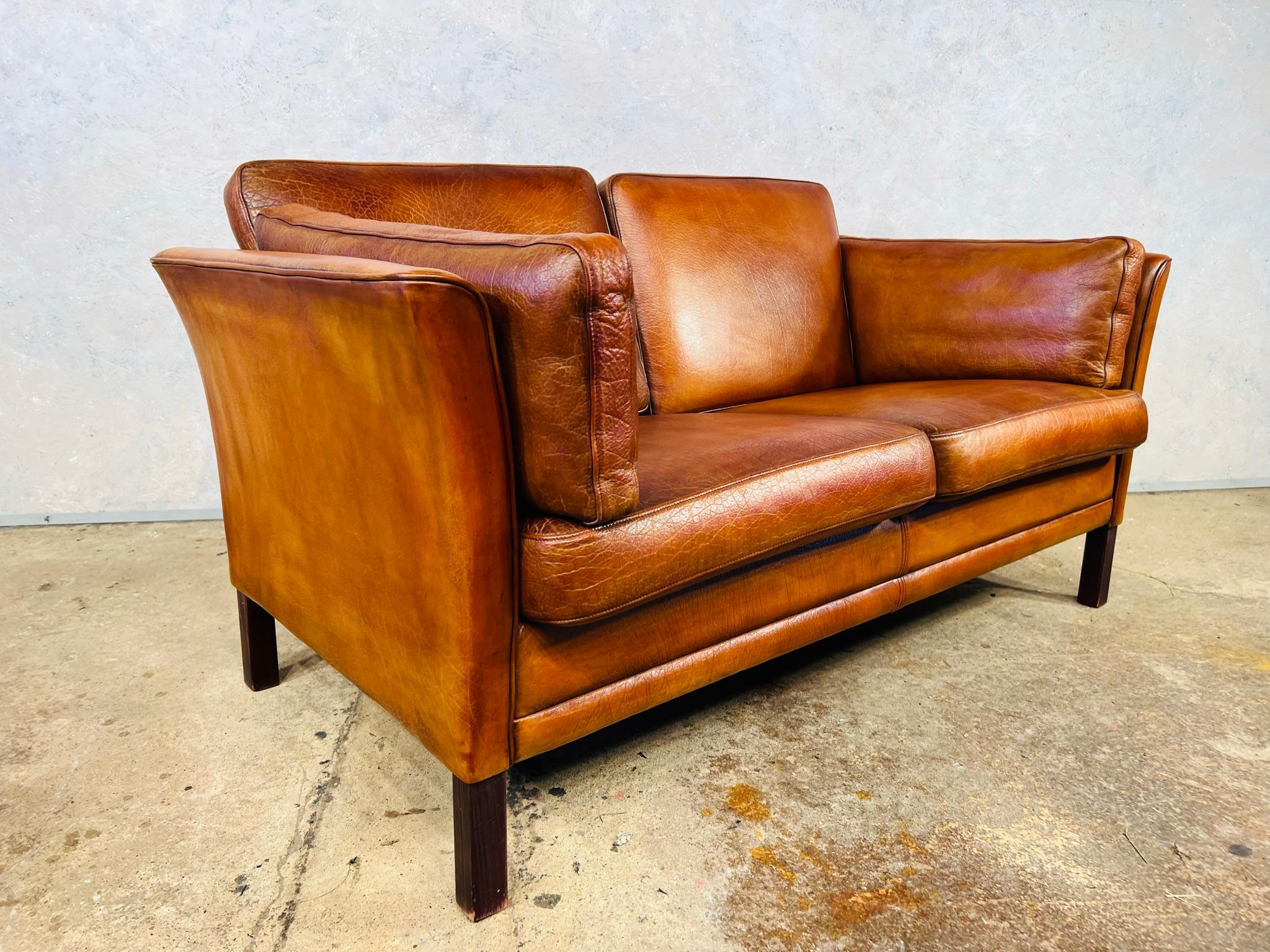 Vintage Hans Mogensen 70s Patinated Tan Two Seater Leather Sofa #00 3