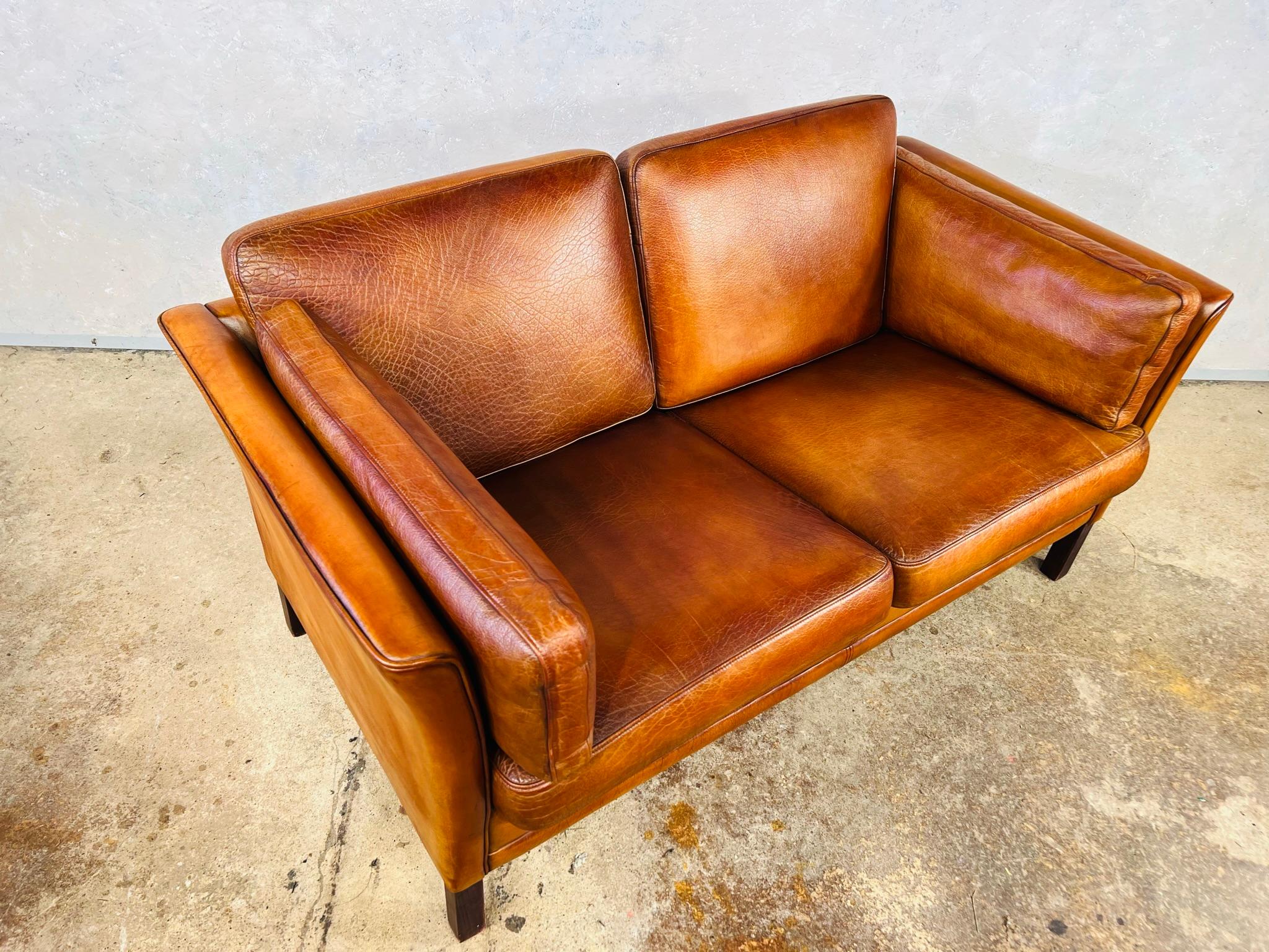 Vintage Hans Mogensen 70s Patinated Tan Two Seater Leather Sofa #00 4