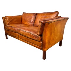 Vintage Hans Mogensen 70s Patinated Tan Two Seater Leather Sofa #546