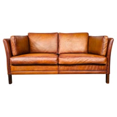 Retro Hans Mogensen 70s Patinated Tan Two Seater Leather Sofa #669