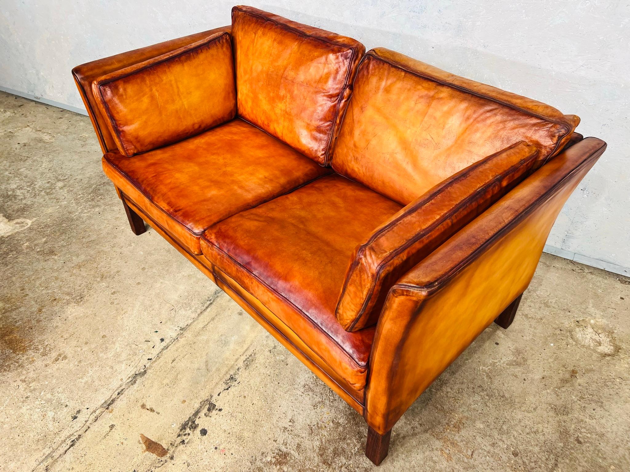 20th Century Vintage Hans Mogensen 70s Patinated Tan Two Seater Leather Sofa #688