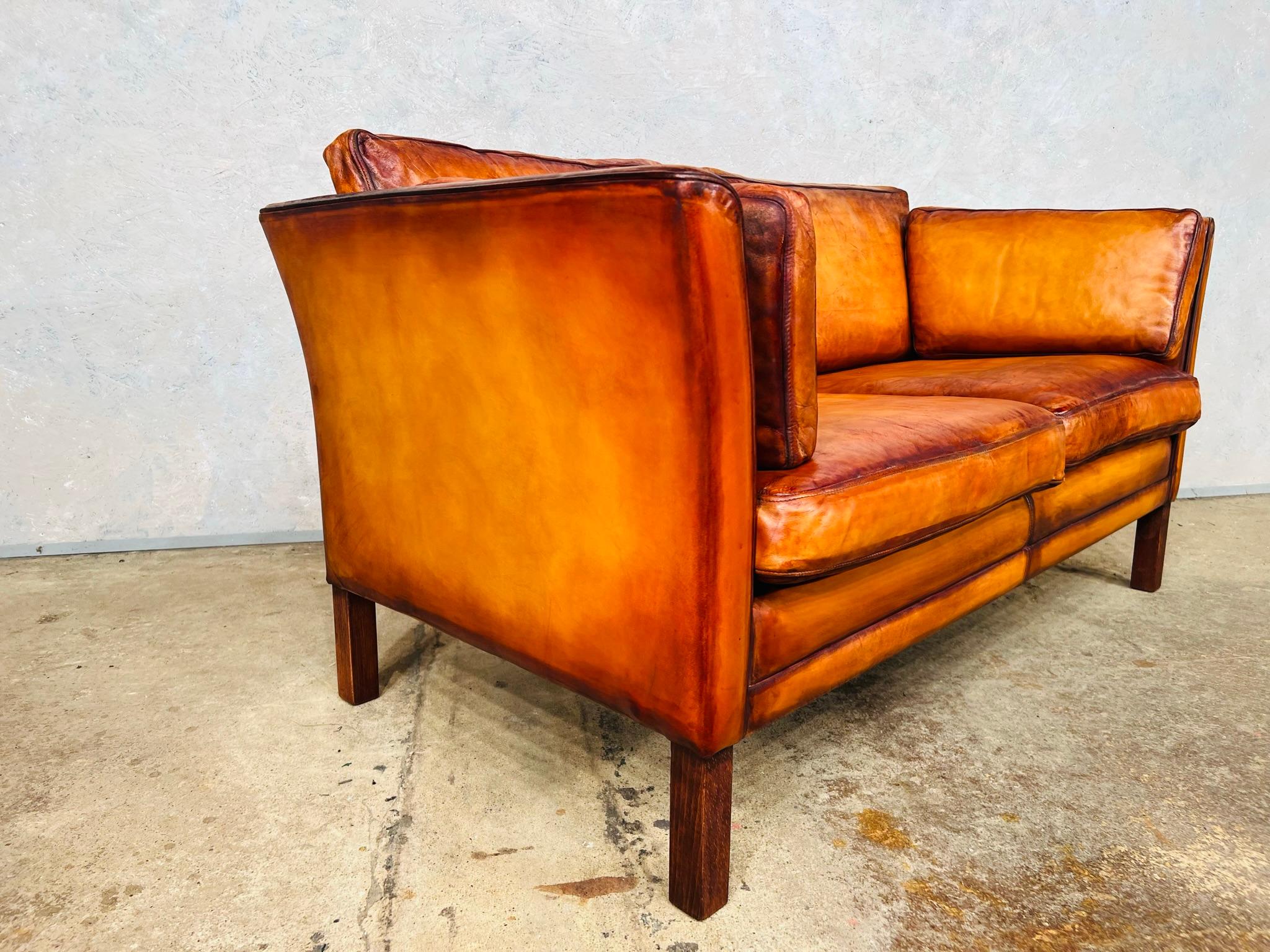 Vintage Hans Mogensen 70s Patinated Tan Two Seater Leather Sofa #688 1