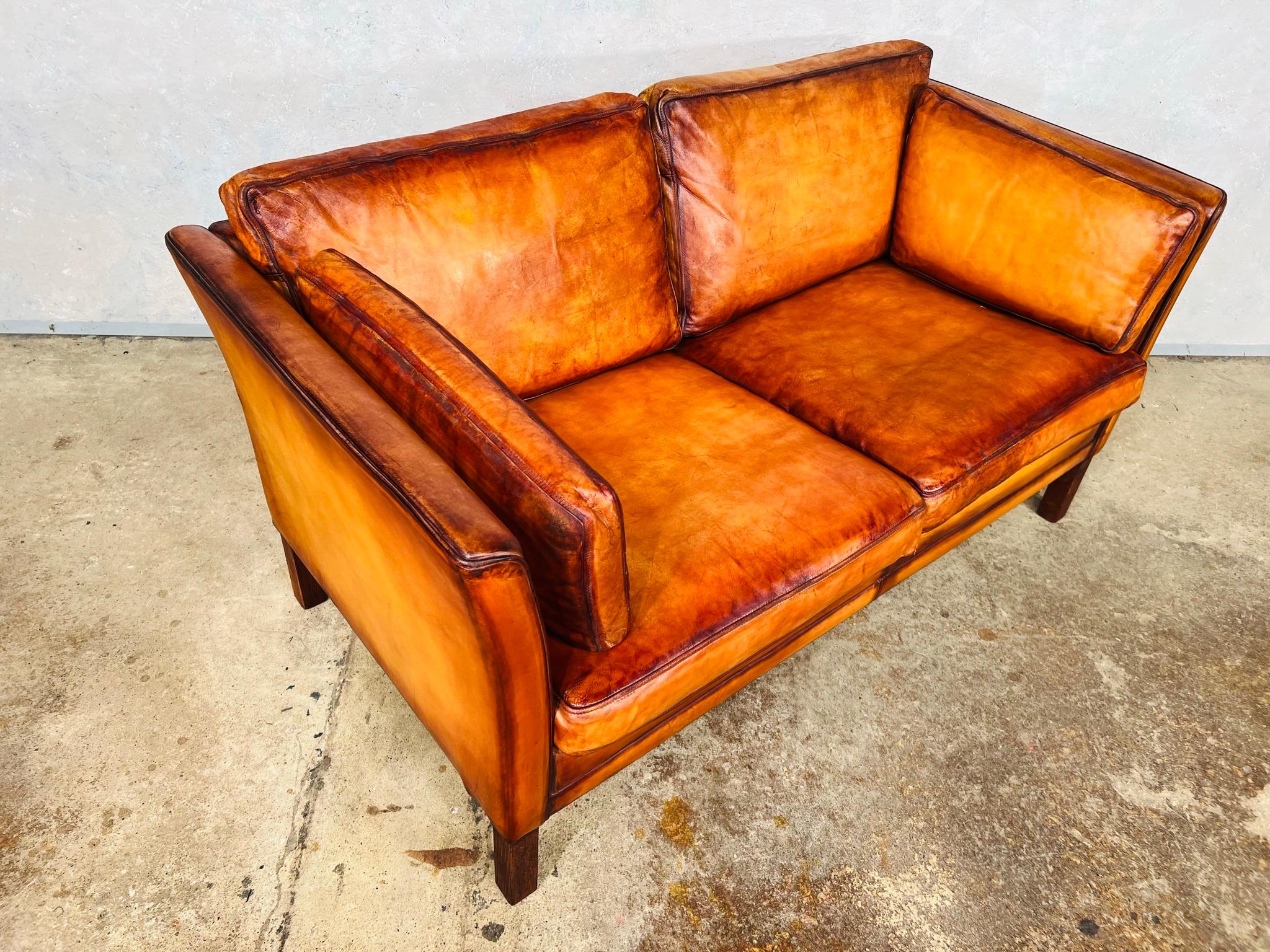 Vintage Hans Mogensen 70s Patinated Tan Two Seater Leather Sofa #688 2