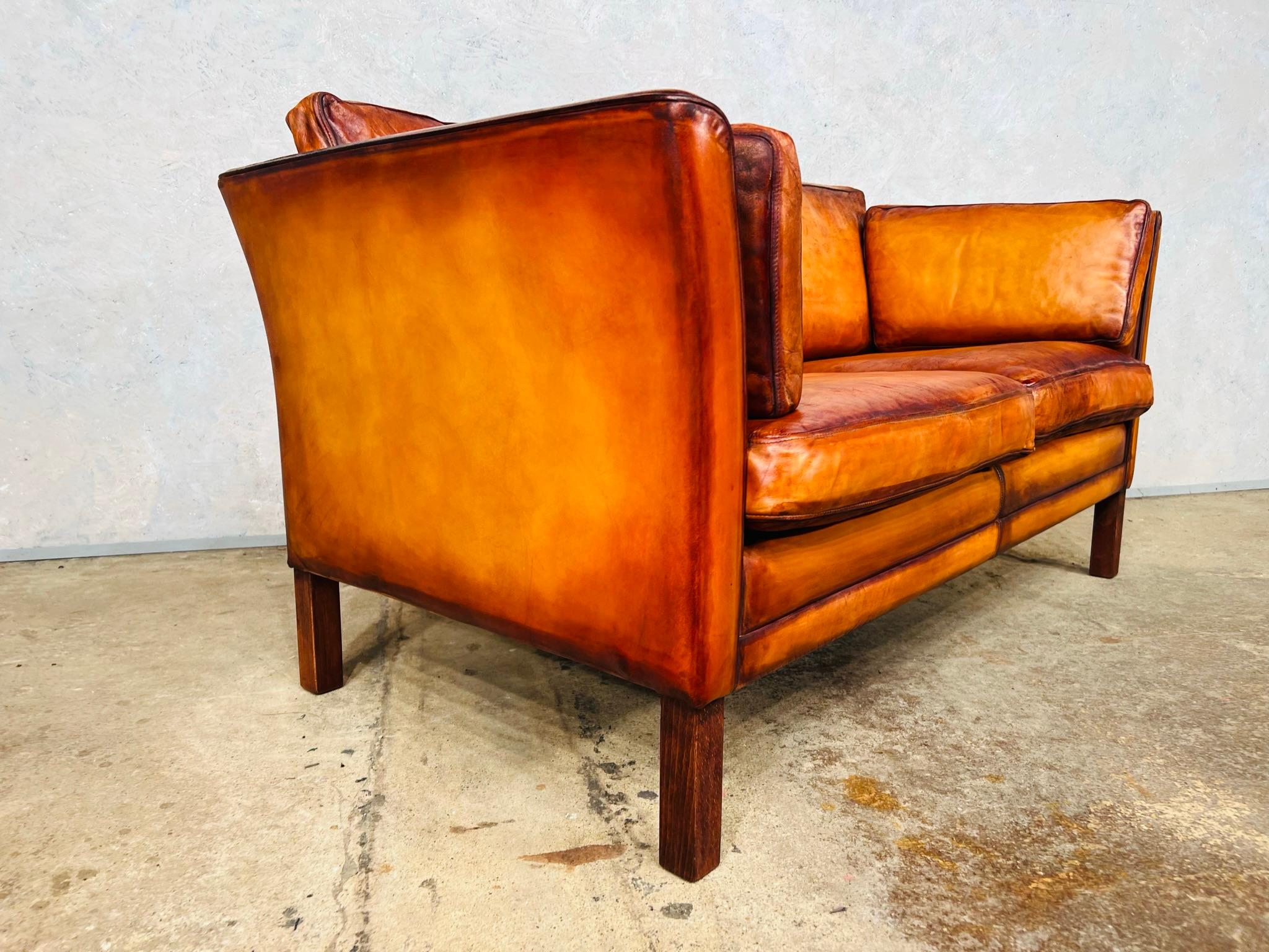 Vintage Hans Mogensen 70s Patinated Tan Two Seater Leather Sofa #688 3