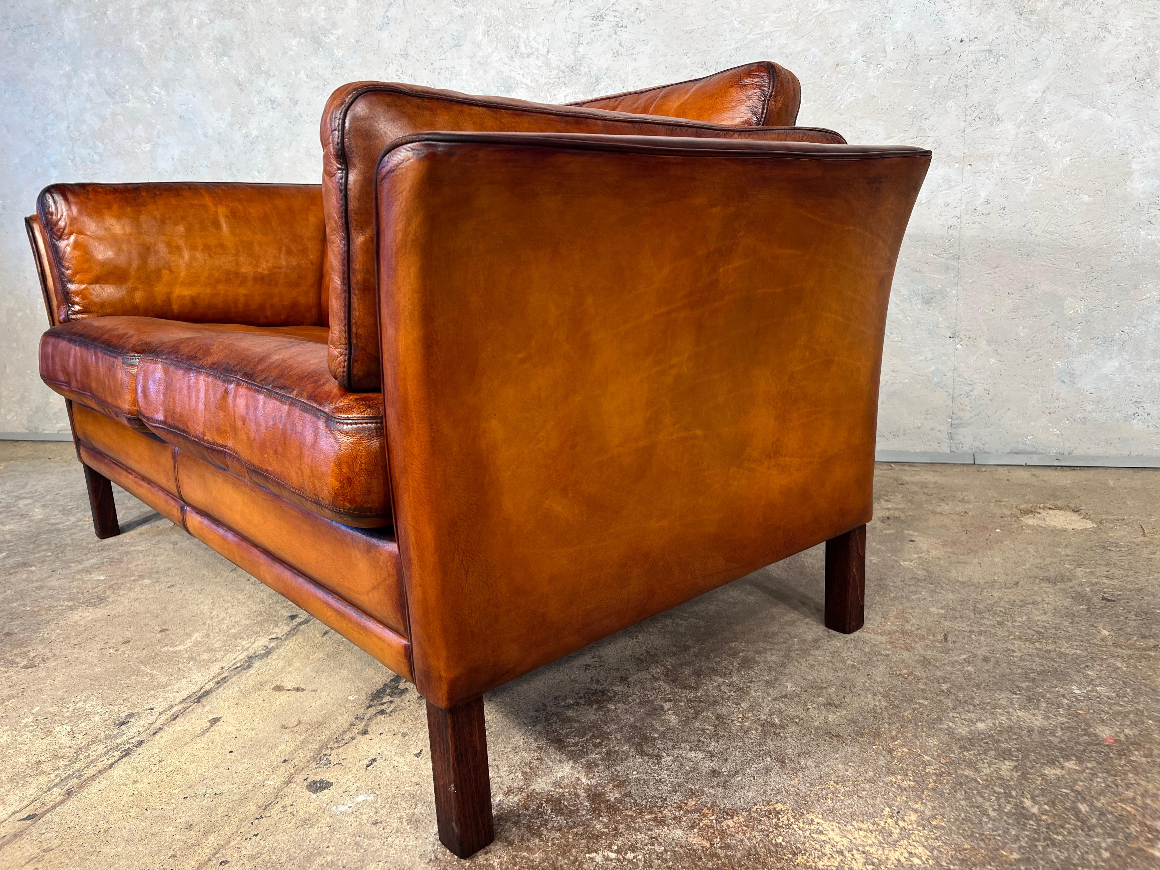 Vintage Hans Mogensen 70s Patinated Tan Two Seater Leather Sofa #551 2