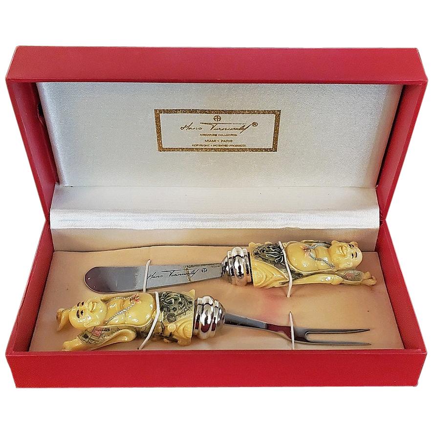 Vintage Hans Turnwald Bone Buddha Butter Knife Set