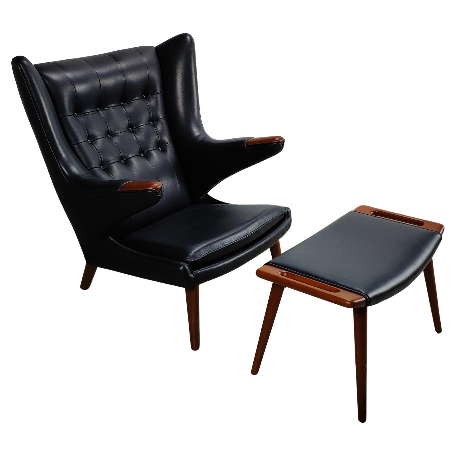 Mid Century Modern Papa Bear Lounge Chair & Ottoman by Hans Wegner, c1950s For Sale