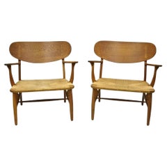 Vintage Hans Wegner CH22 Carl Hansen & Son Oak Lounge Easy Chairs MCM - a Pair