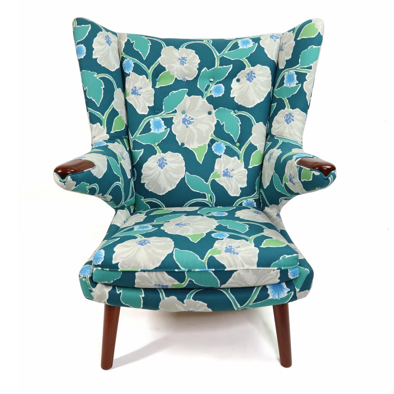 Mid-Century Modern Vintage Hans Wegner Papa Bear Chair Set with Ottoman in Floral Print