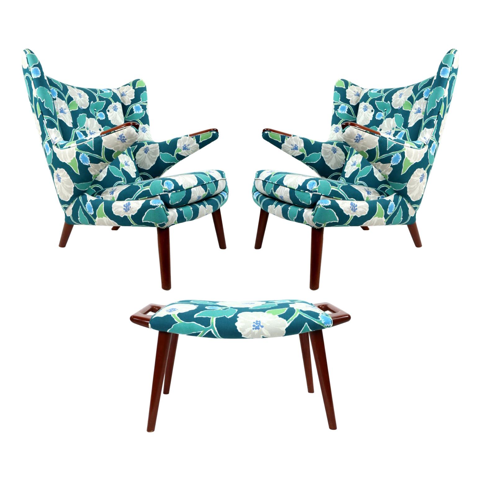 Vintage Hans Wegner Papa Bear Chair Set with Ottoman in Floral Print