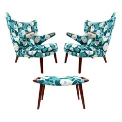Vintage Hans Wegner Papa Bear Chair Set with Ottoman in Floral Print