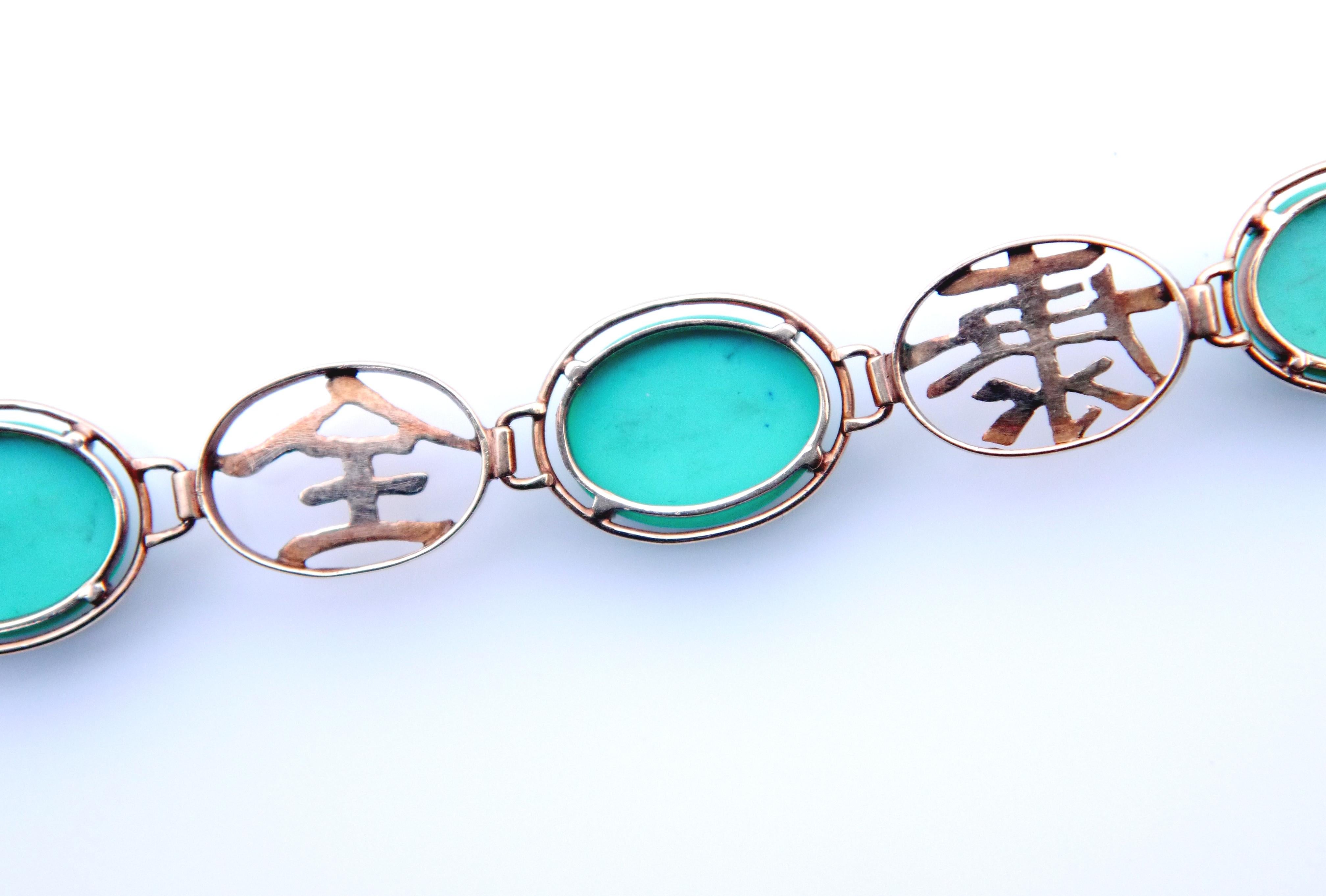 Vintage Hànzì styled Bracelet 20ct Turquoise solid 14K Rose Gold/17.5cm / 11gr. For Sale 6
