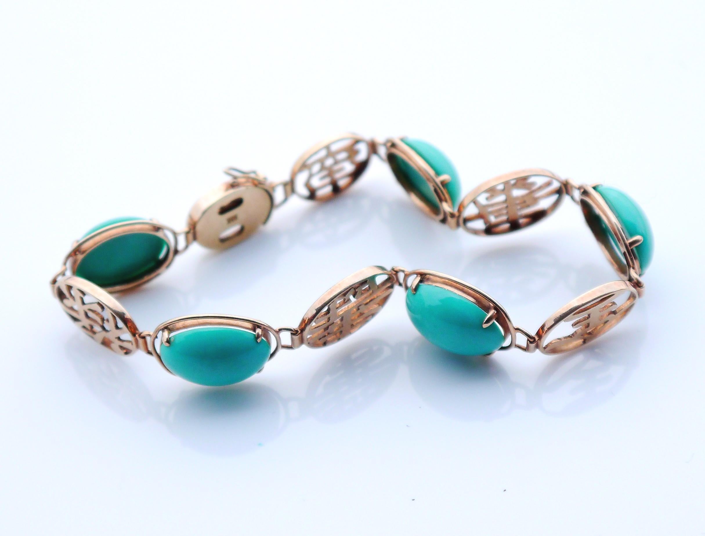 Vintage Hànzì styled Bracelet 20ct Turquoise solid 14K Rose Gold/17.5cm / 11gr. For Sale 8