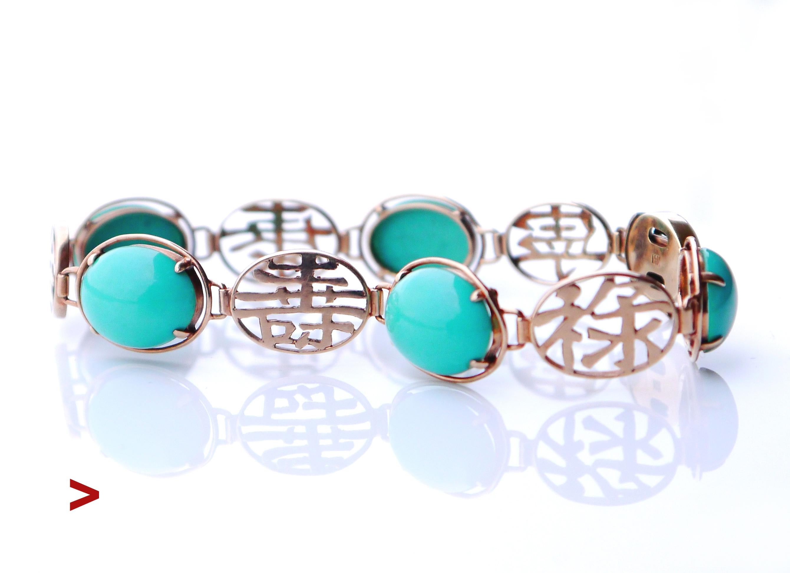 Fine Vintage European made bracelet in solid 14K Rose Gold with 11 links of which 6 show Chinese characters and 5 have claw set natural light Greenish Blue or Bluish Green (depends on light) Turquoise cabochons of gradual sizes. Largest Turquoise in