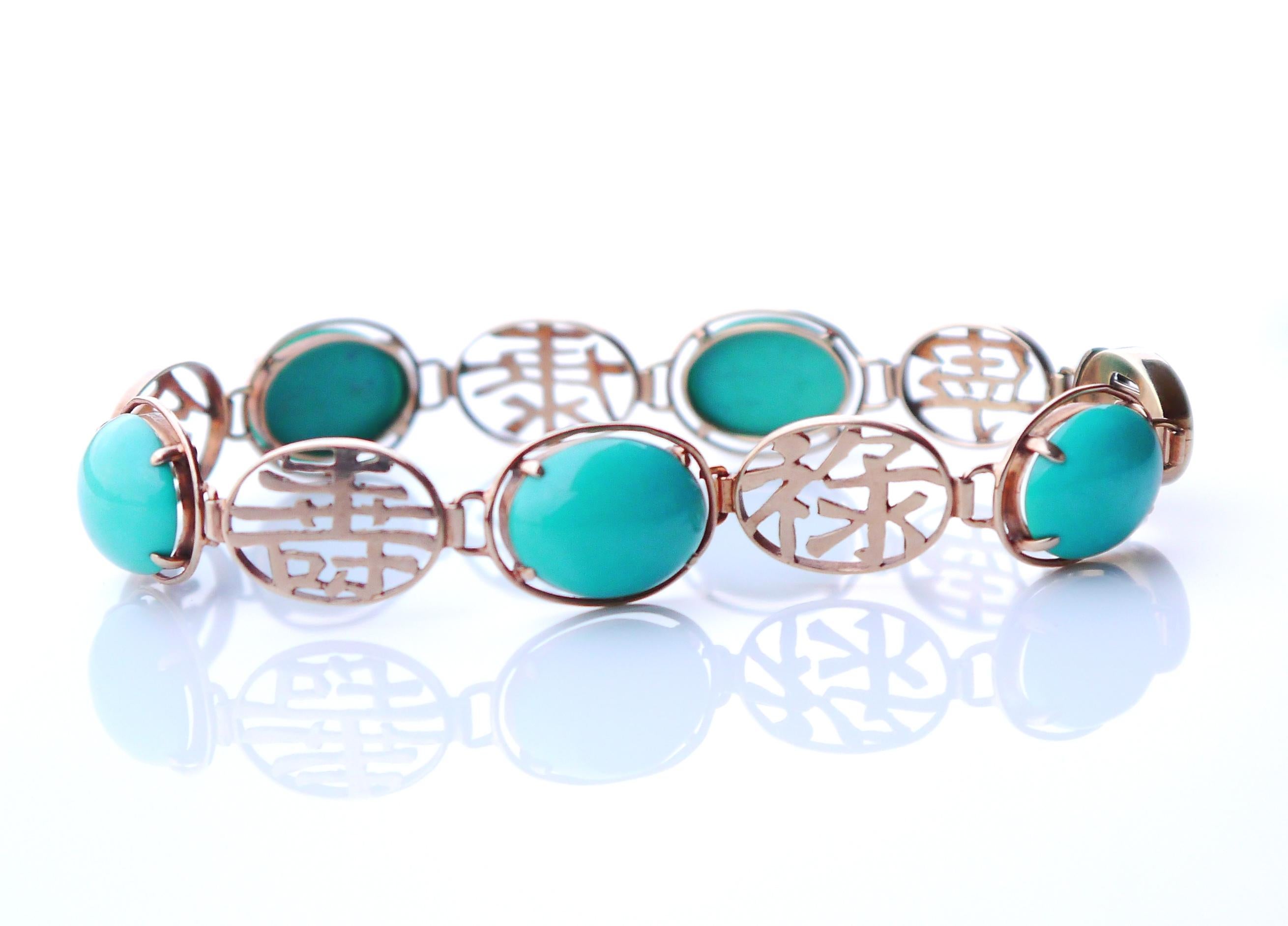 Retro Vintage Hànzì styled Bracelet 20ct Turquoise solid 14K Rose Gold/17.5cm / 11gr. For Sale