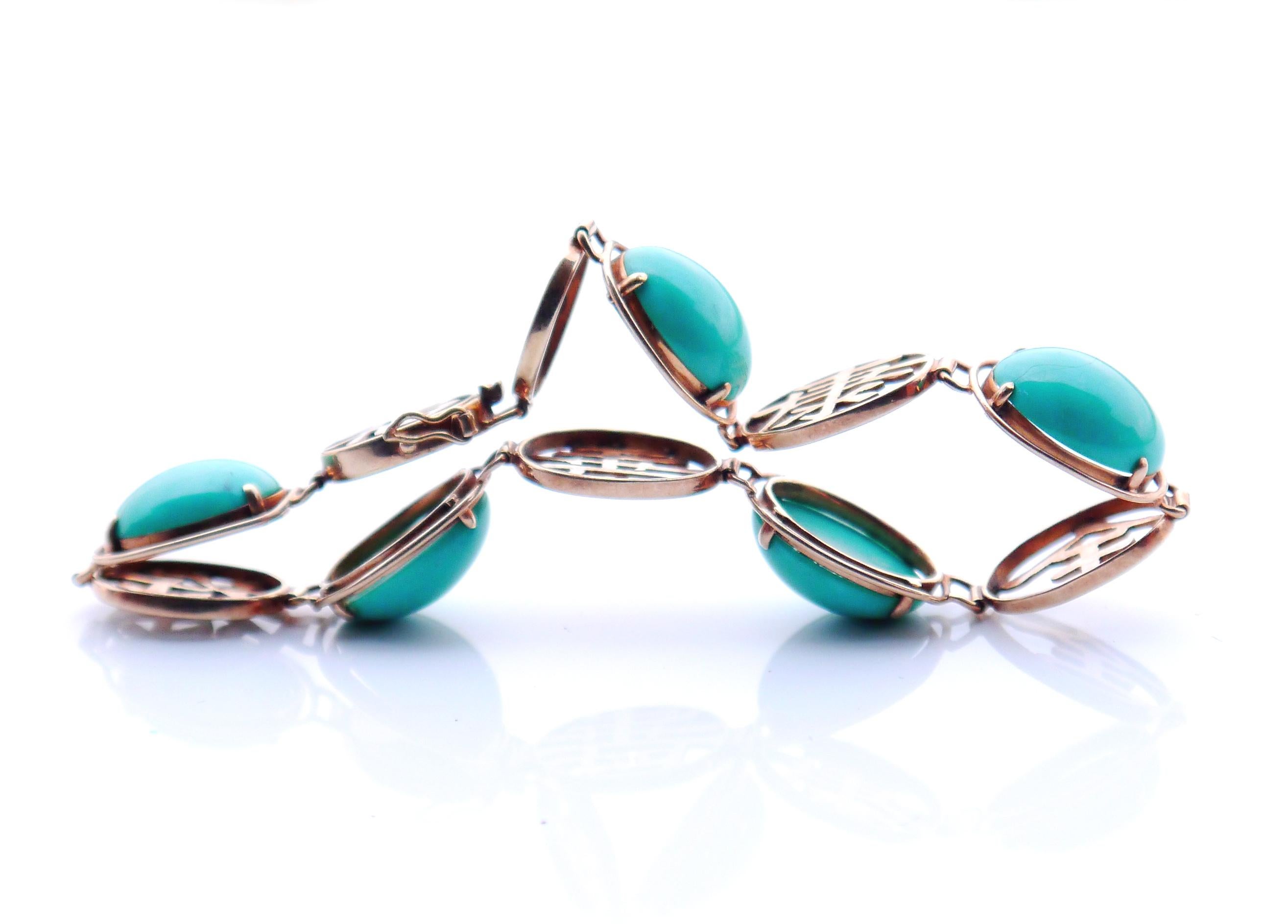 Cabochon Vintage Hànzì styled Bracelet 20ct Turquoise solid 14K Rose Gold/17.5cm / 11gr. For Sale