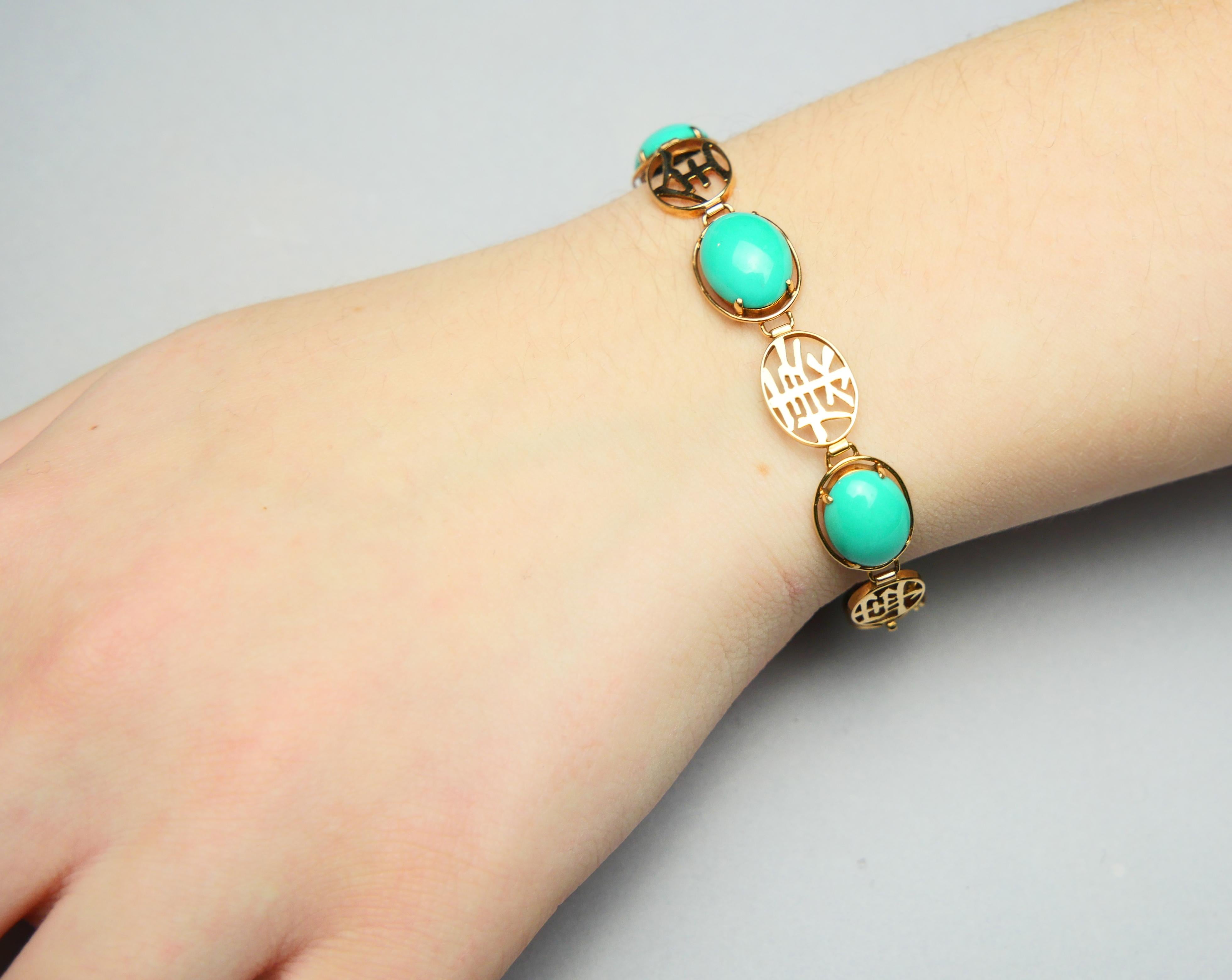 Vintage Hànzì styled Bracelet 20ct Turquoise solid 14K Rose Gold/17.5cm / 11gr. For Sale 1