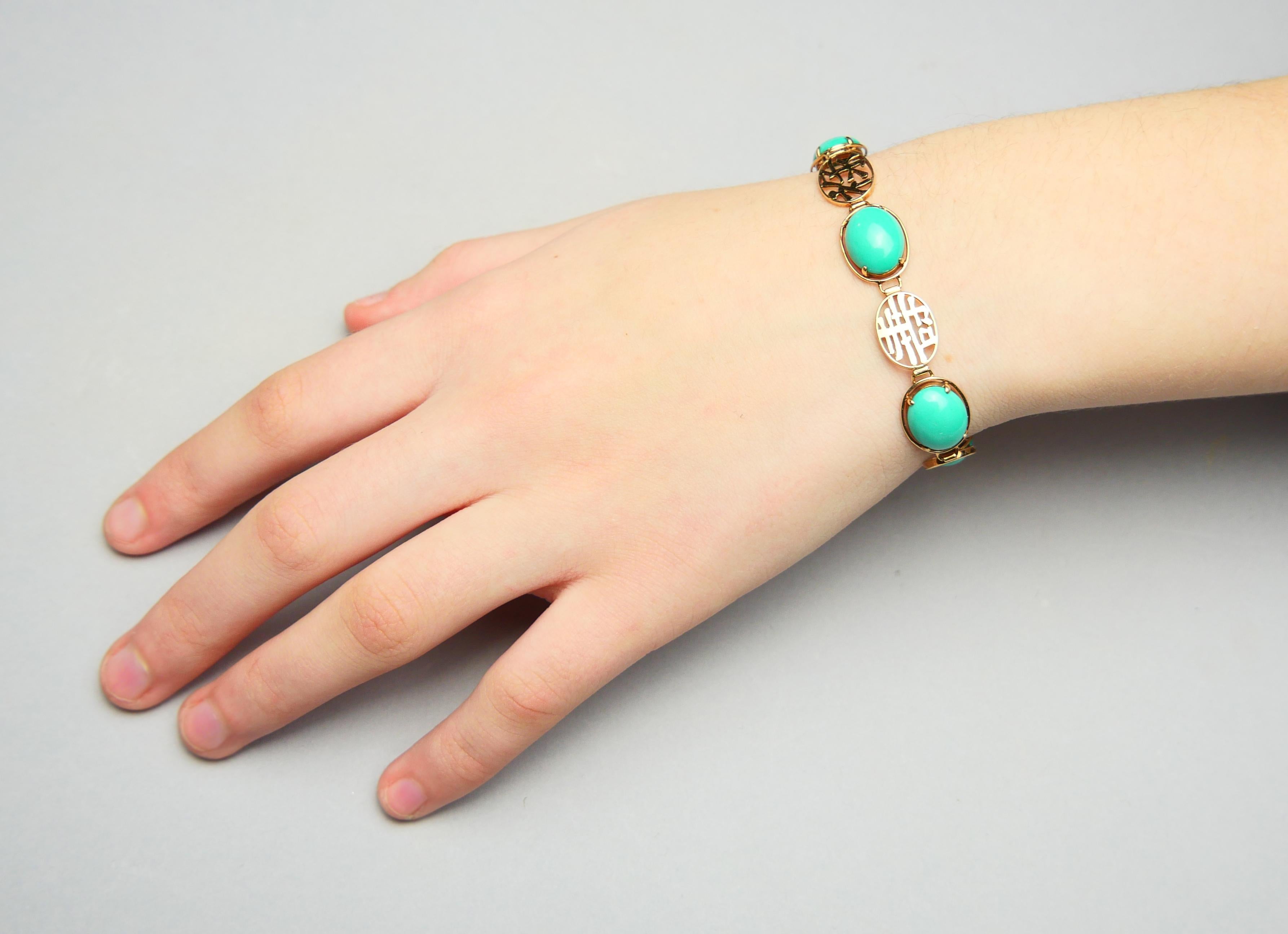 Vintage Hànzì styled Bracelet 20ct Turquoise solid 14K Rose Gold/17.5cm / 11gr. For Sale 2