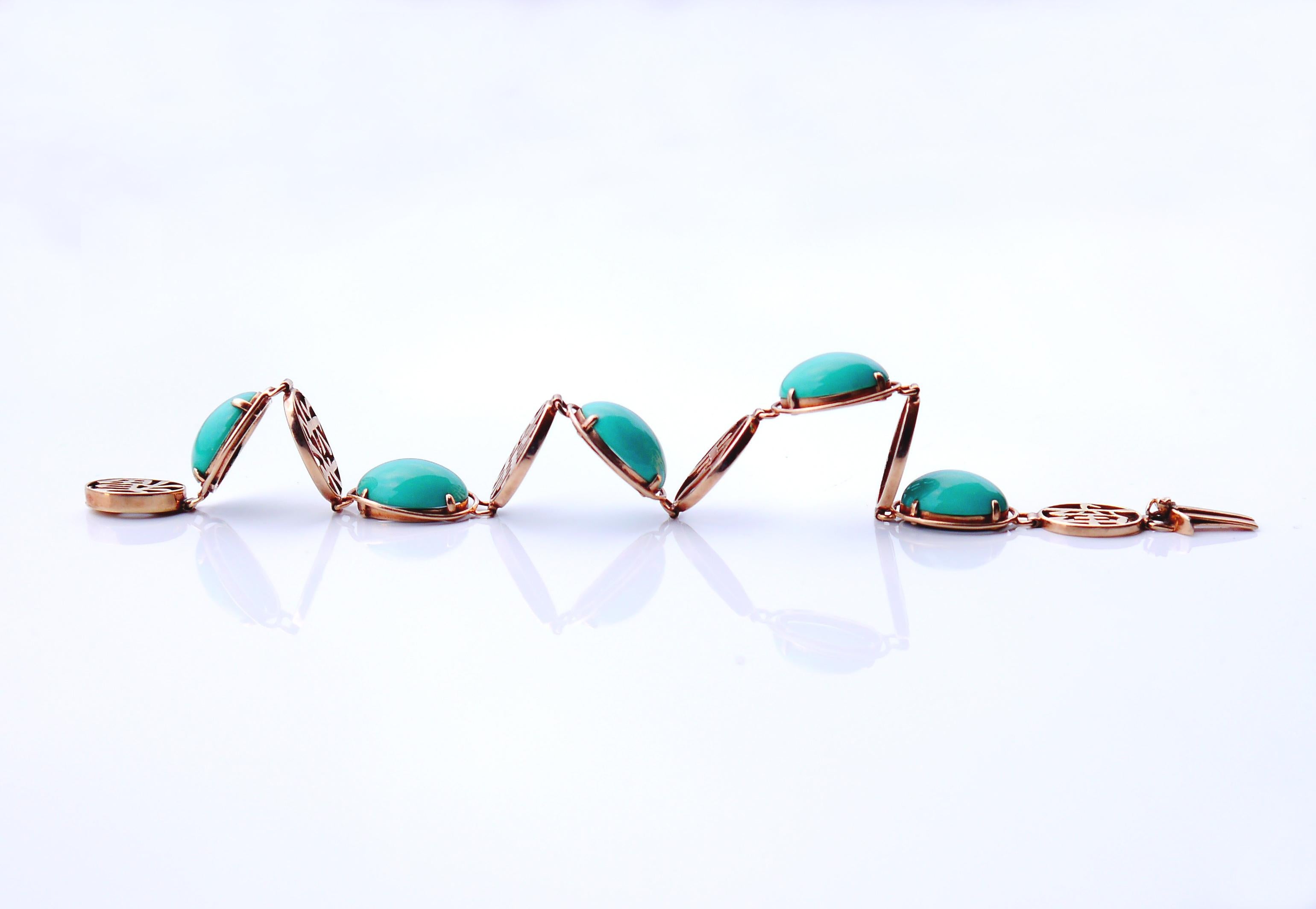 Vintage Hànzì styled Bracelet 20ct Turquoise solid 14K Rose Gold/17.5cm / 11gr. For Sale 3