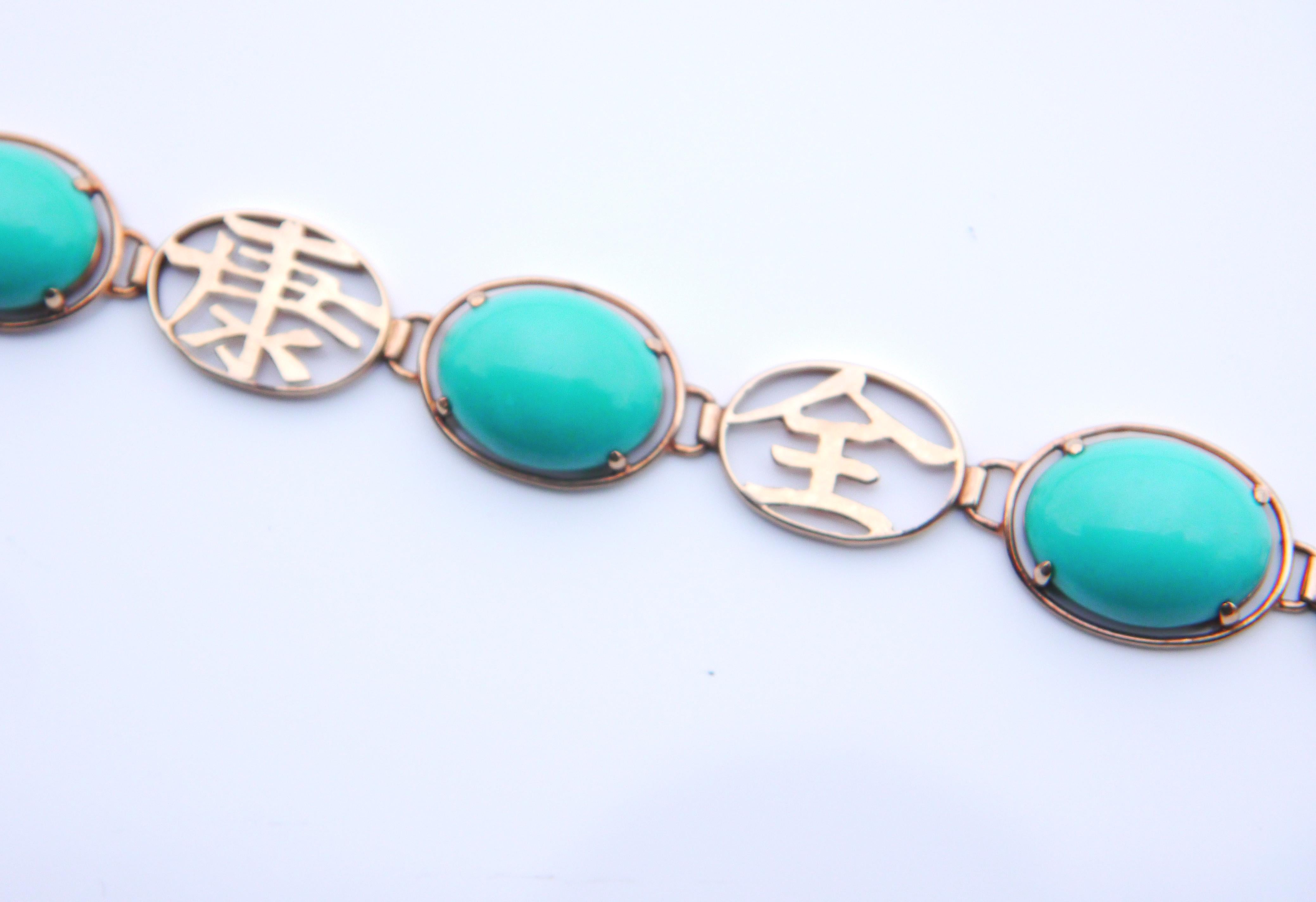 Vintage Hànzì styled Bracelet 20ct Turquoise solid 14K Rose Gold/17.5cm / 11gr. For Sale 4