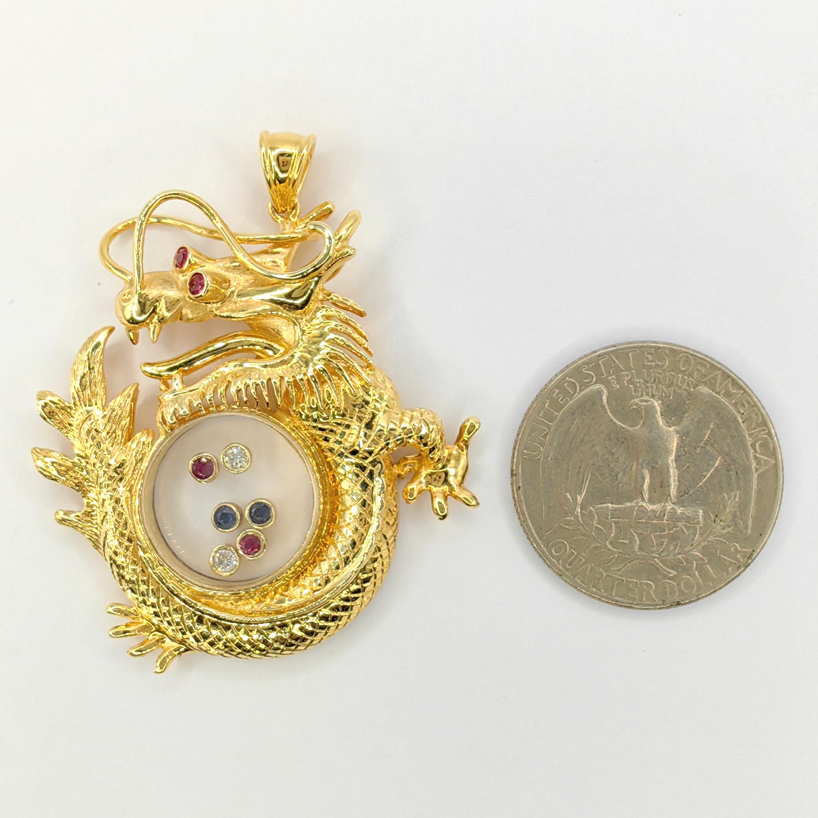 Vintage Happy Diamonds Ruby Sapphire Dragon 18K Gold Pendant & 22K Gold Necklace 2