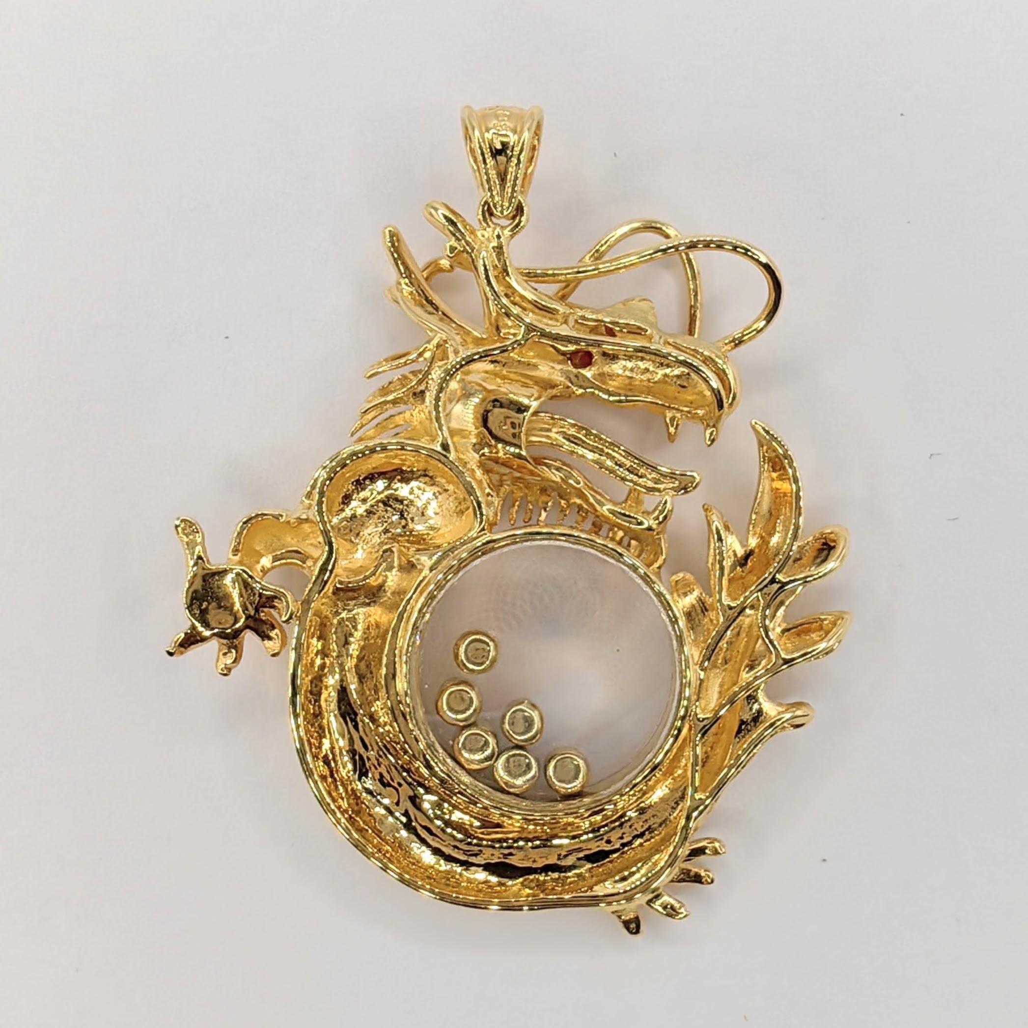 Contemporary Vintage Happy Diamonds Ruby Sapphire Dragon 18K Gold Pendant & 22K Gold Necklace