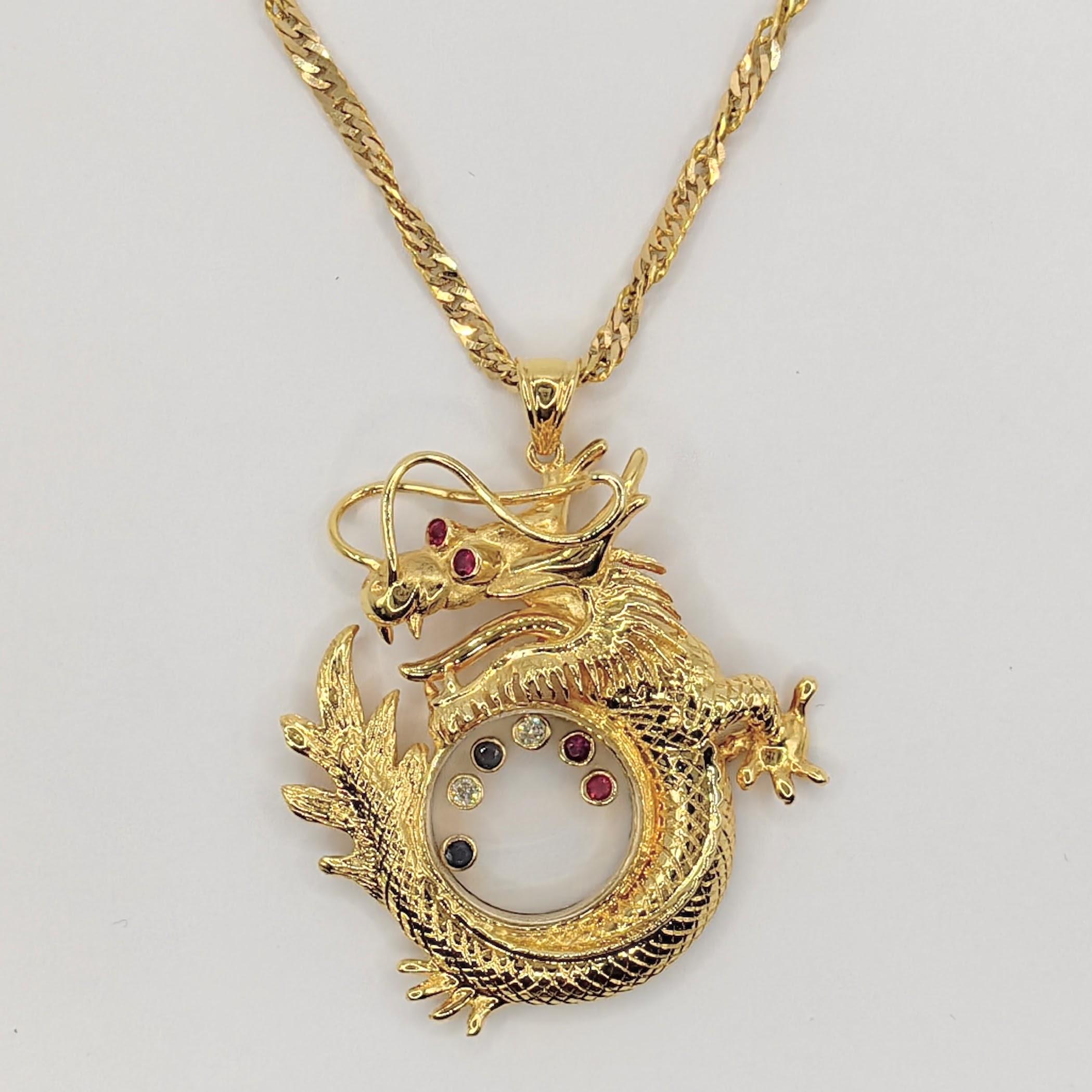 Round Cut Vintage Happy Diamonds Ruby Sapphire Dragon 18K Gold Pendant & 22K Gold Necklace