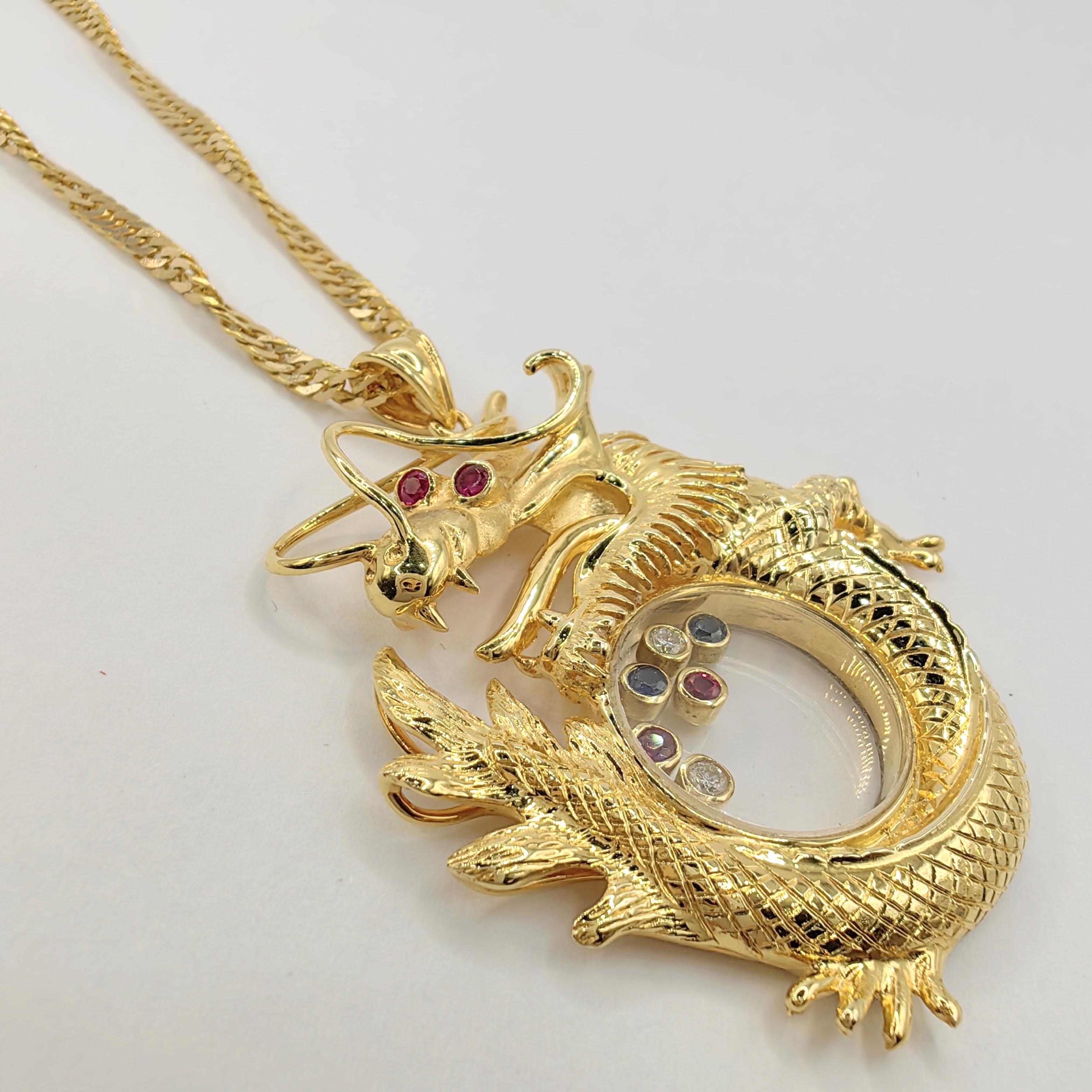 Vintage Happy Diamonds Ruby Sapphire Dragon 18K Gold Pendant & 22K Gold Necklace In New Condition In Wan Chai District, HK