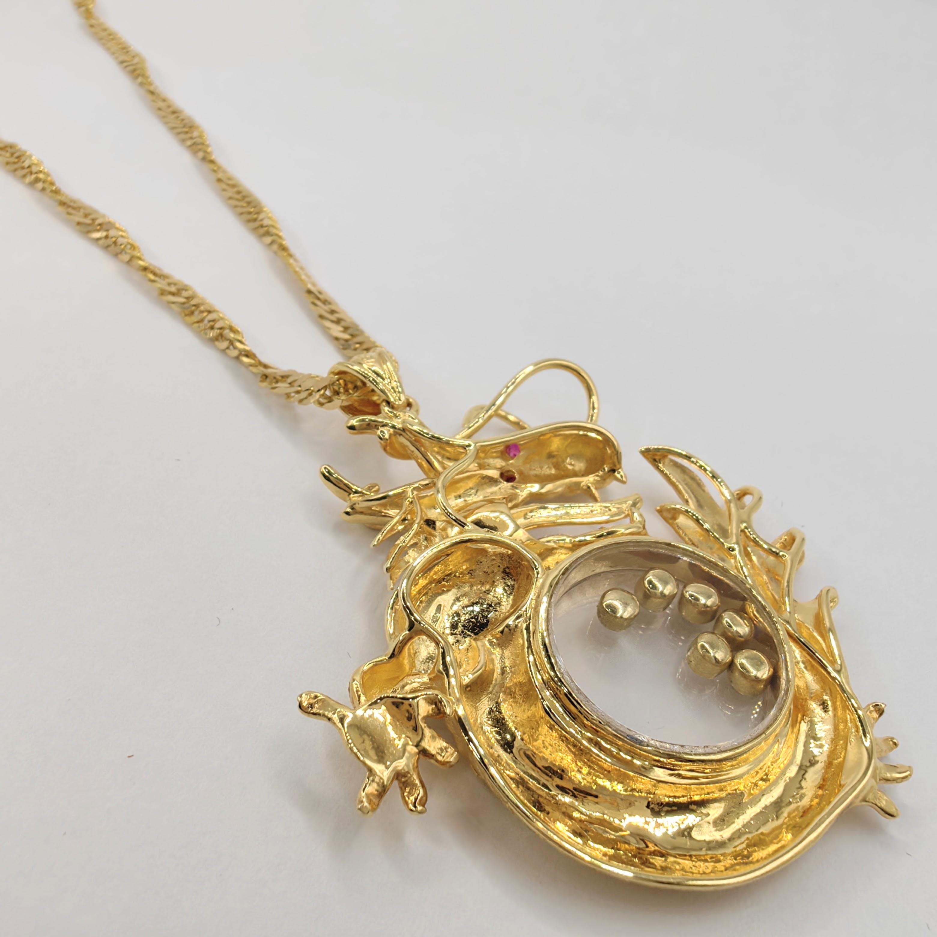 Women's or Men's Vintage Happy Diamonds Ruby Sapphire Dragon 18K Gold Pendant & 22K Gold Necklace