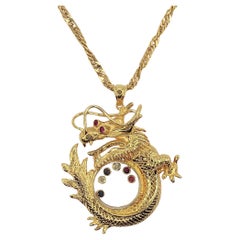 Vintage Happy Diamonds Ruby Sapphire Dragon 18K Gold Pendant & 22K Gold Necklace