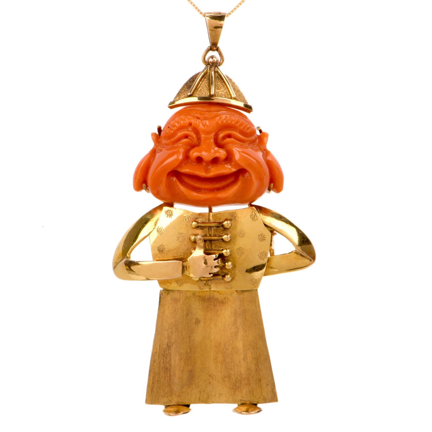 Vintage Happy Jester Buddha Yellow Gold Pendant For Sale
