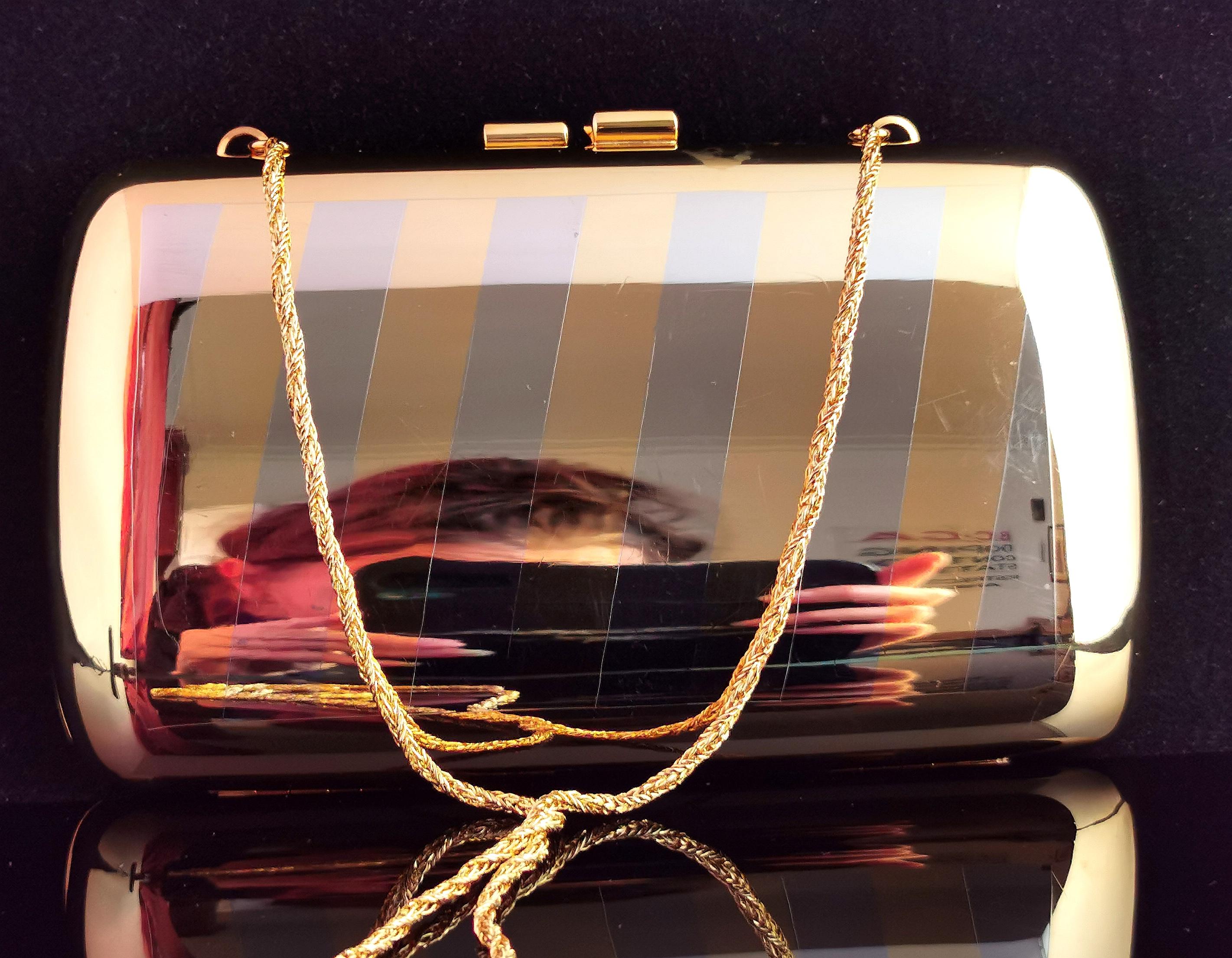 Beige Vintage Hard Case metal handbag, Pierre Cardin, Silver and Gold purse