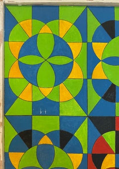 Vintage Hard Edge Op Art Painting “Sidewalk for Rio”, Signed NJ Feather, 1978