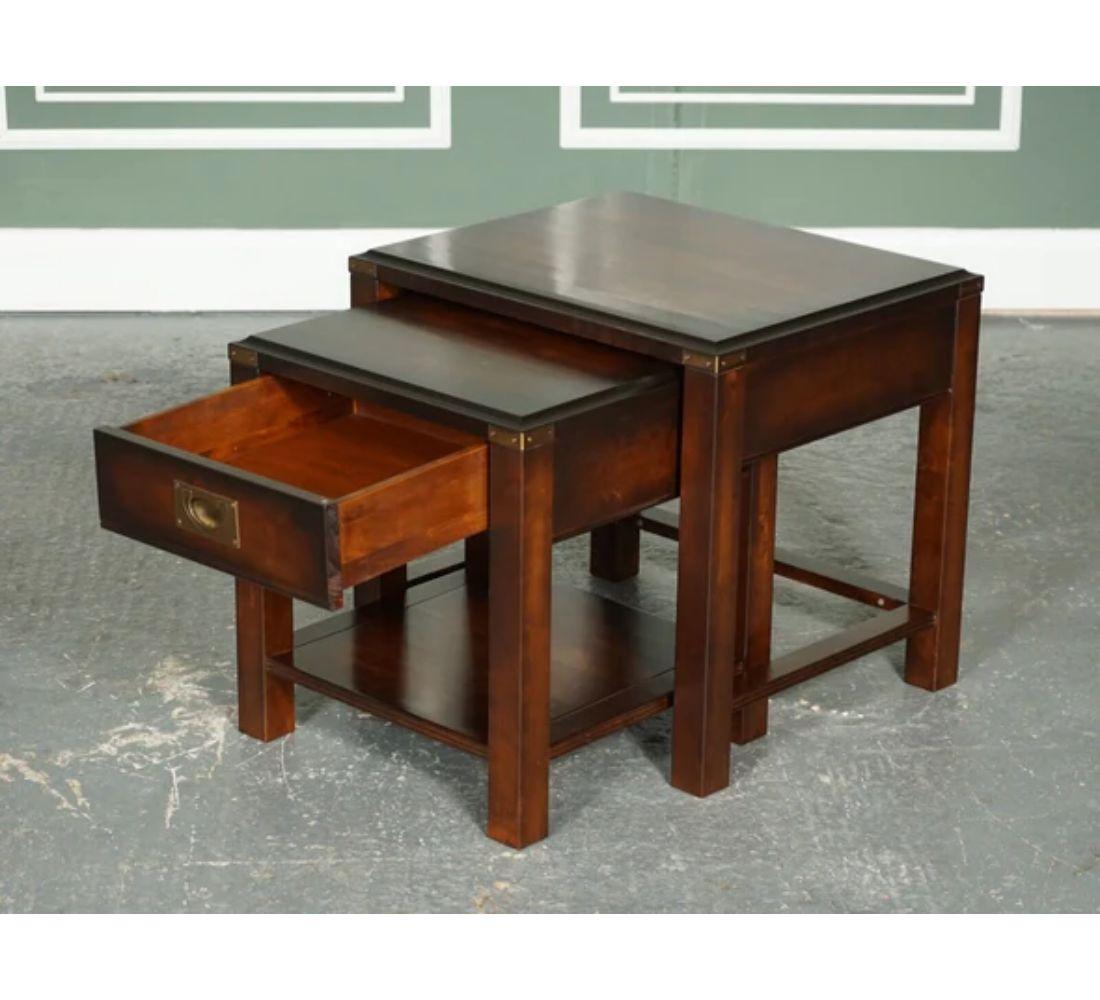 Hand-Crafted Vintage Hardwood & Brass Military Campaign Nest of Tables with Drawer For Sale