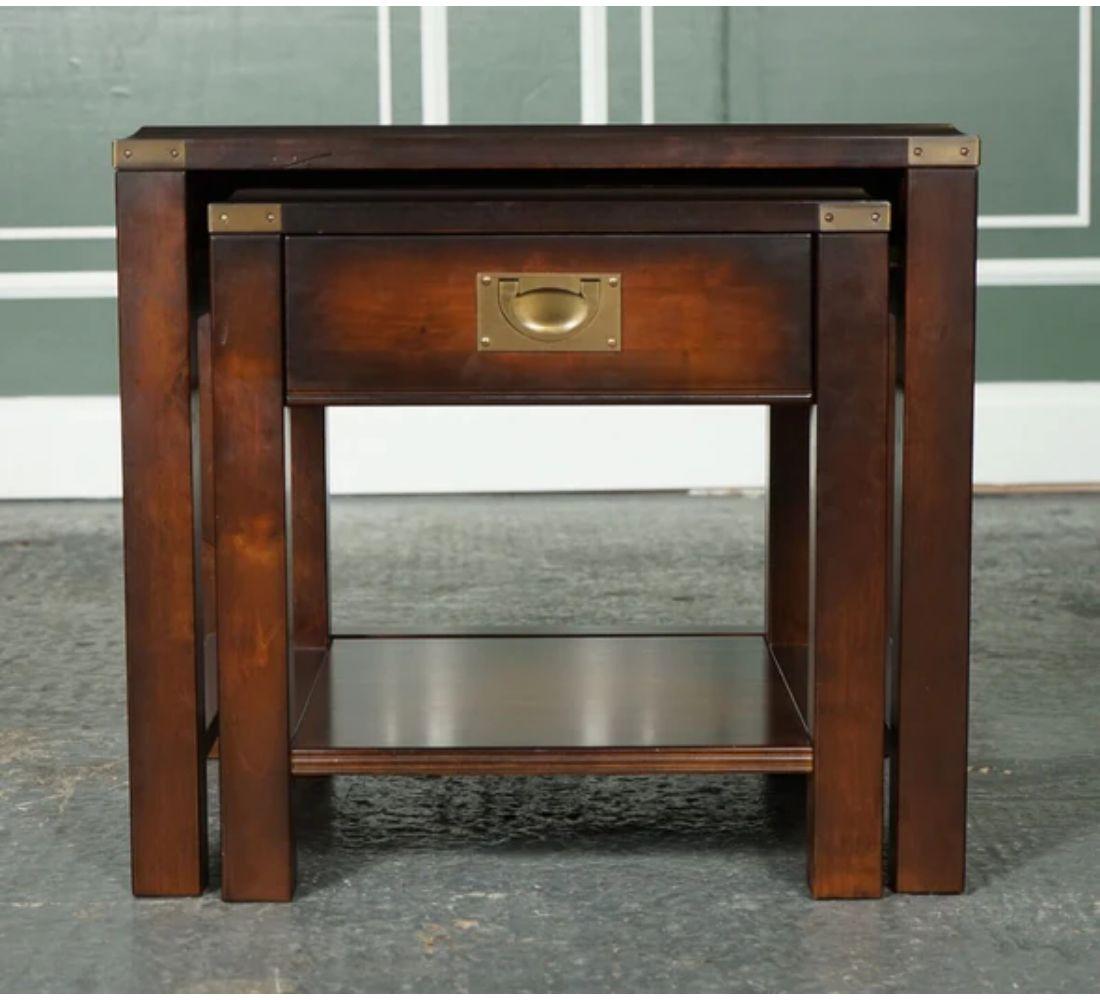 20th Century Vintage Hardwood & Brass Military Campaign Nest of Tables with Drawer For Sale
