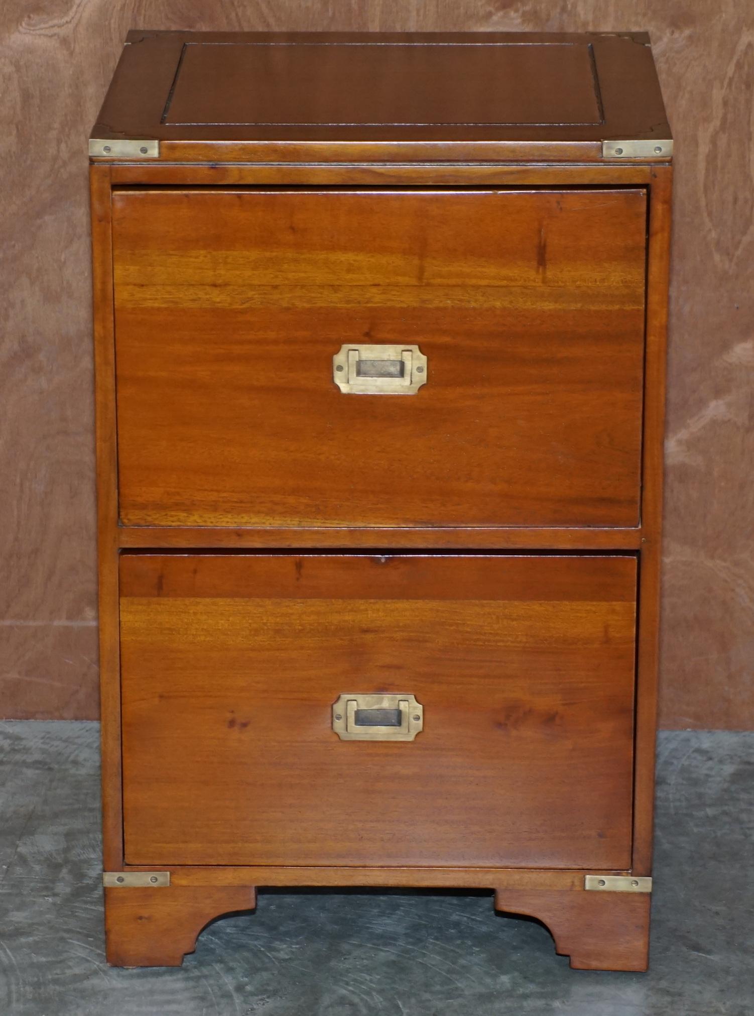 We are delighted to offer for sale this lovely small side table sized Military Campaign brass and hardwood filing cabinet 

A good looking and well made piece, it was used as a tipple drawer in an office so they basically kept ports and glasses