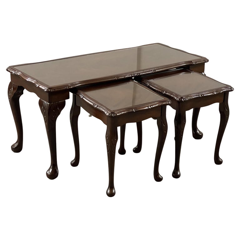 Vintage Hardwood Carved Detailing Coffee Side Nest of Three Tables For