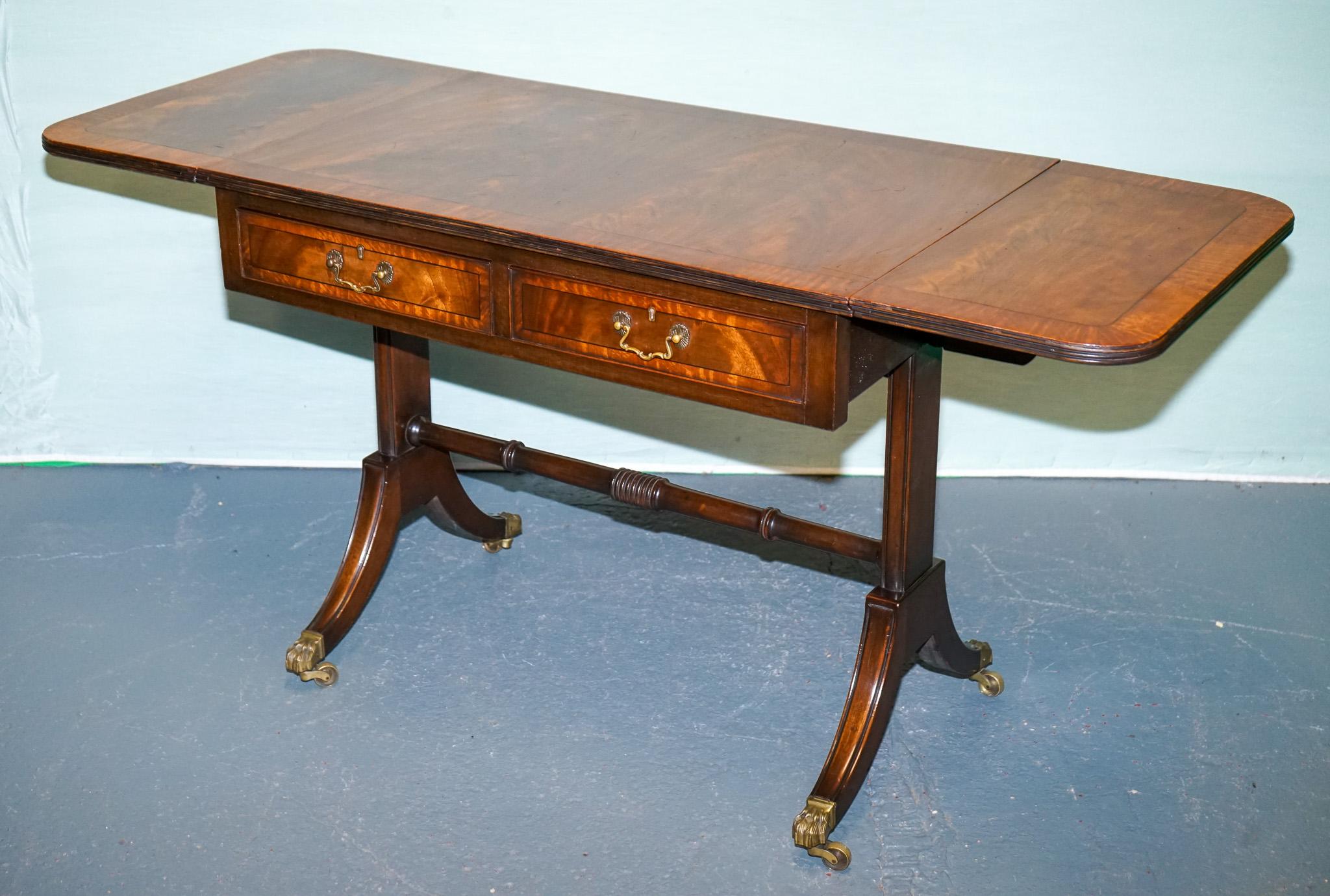 VINTAGE HARDWOOD DROP LEAF SIDE TABLE WiTH SABER LEGS AND BRASS PAW FEET For Sale 7
