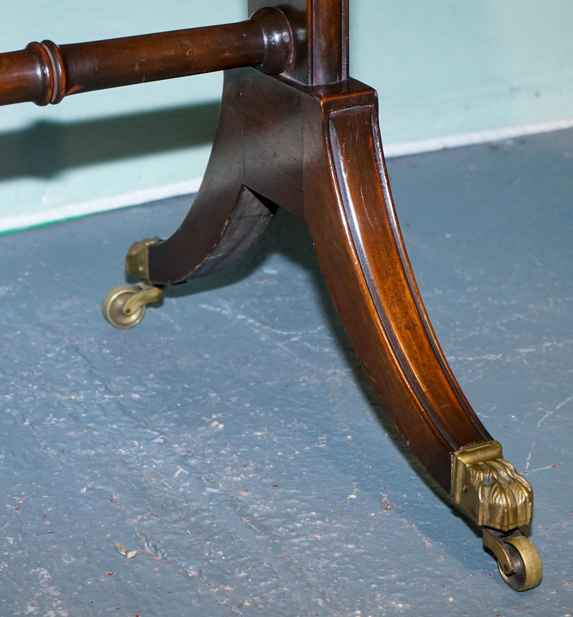 VINTAGE HARDWOOD DROP LEAF SIDE TABLE WiTH SABER LEGS AND BRASS PAW FEET For Sale 1