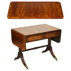 VINTAGE HARDWOOD DROP LEAF SIDE TABLE WiTH SABER LEGS AND BRASS PAW FEET