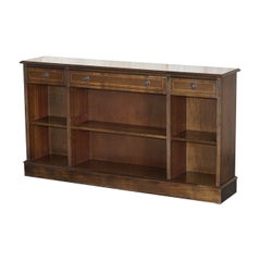 Vintage Hardwood Dwarf Open Bookcase / Sideboard with Three Large Drawers