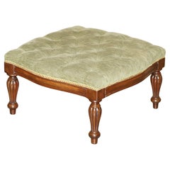 ViNTAGE HARDWOOD FRAMED GREEN VELOUR CHESTERFIELD TUFTED LARGE FOOTSTOOL OTTOMAN