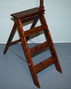 VINTAGE HARDWOOD LIBRARY LADDER FOLDING STEP STOOL WiTH TURNED POLE HANDLE